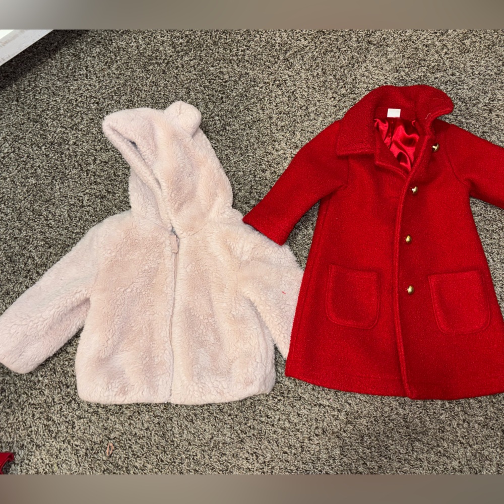 Toddler Plush Pink Bear Hooded Coat & Red Wool Coat Pair
